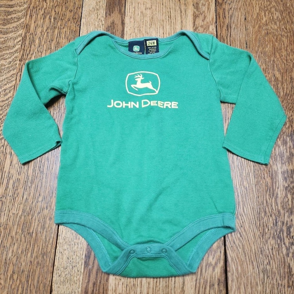 John Deere Baby Boy Green Long Sleeve Logo Bodysuit Size 24M Cotton 765